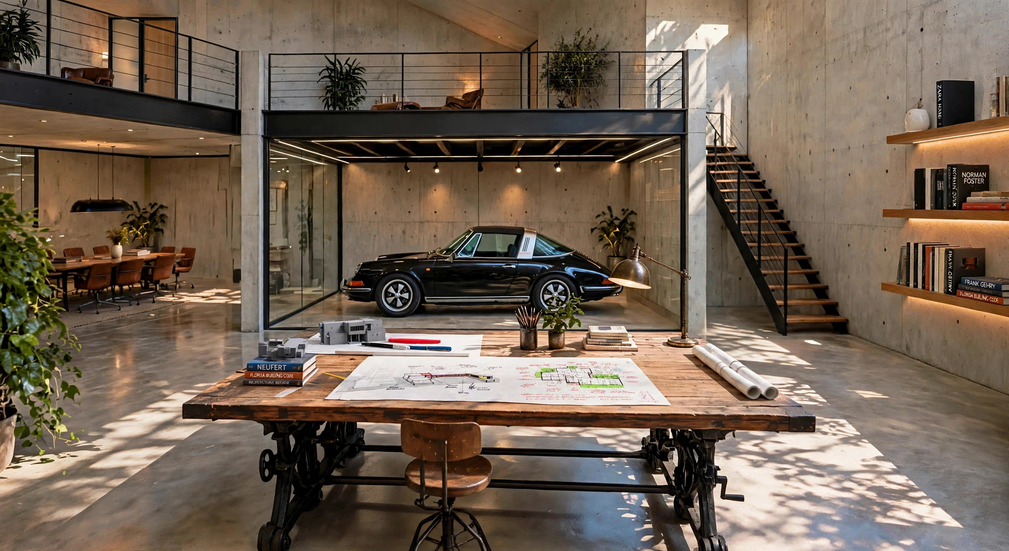 El estudio de Zecky — su mesa de dibujo vestida con sus bocetos, sus libros de arquitectura y la maqueta de P7, y detrás un garaje de cristal con un Porsche 911 Targa negro vintage