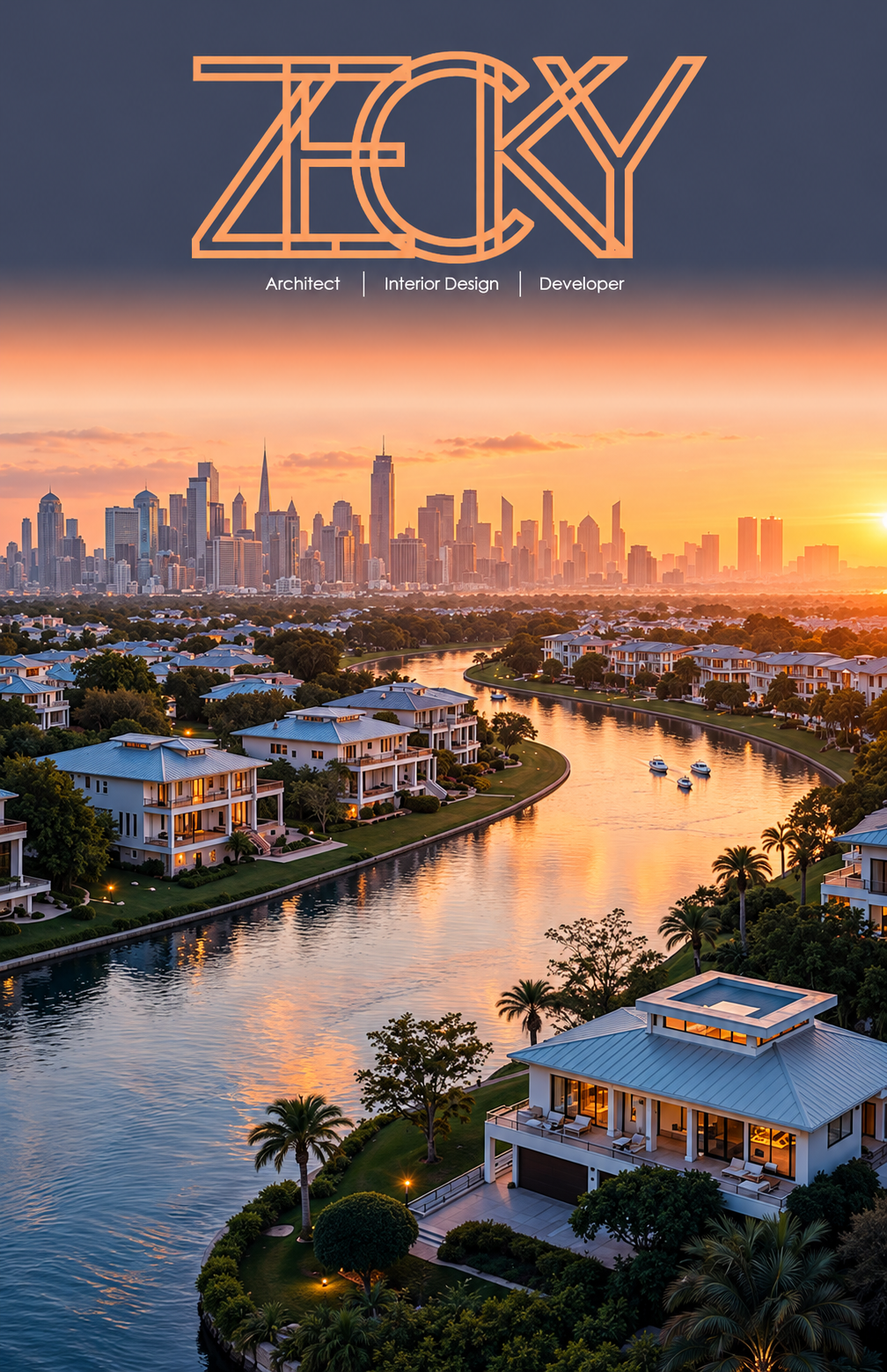 Portada de Zecky Design — el logo de líneas ZECKY de Zecky con el tagline Architect, Interior Design, Developer, sobre su foto aérea de Miami al atardecer con casas frente al agua y el skyline