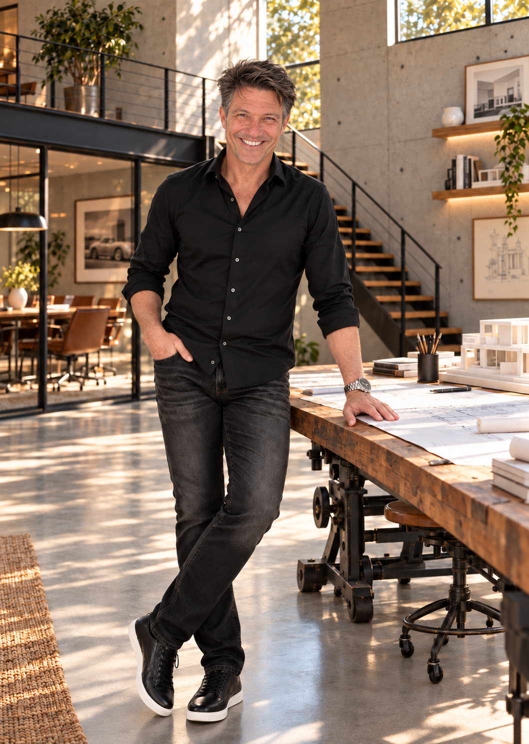 Zecky Da Costa en su estudio, apoyado en su mesa de dibujo con los planos extendidos — camisa negra, reloj deportivo de acero, jeans oscuros