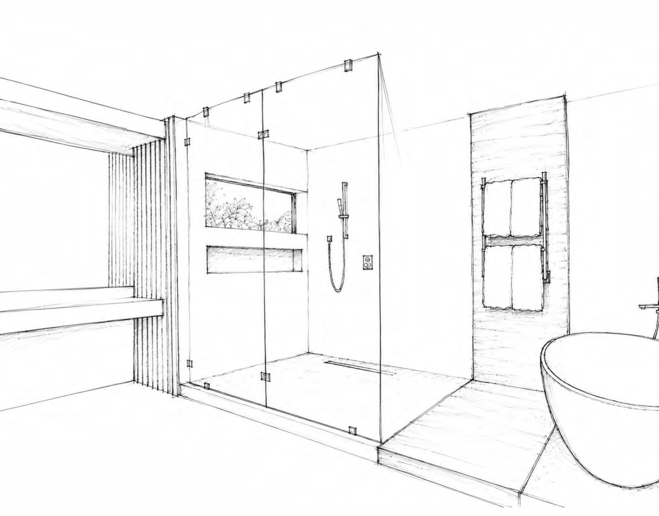 Boceto a lápiz dibujado a mano del baño principal de Pinecrest VII