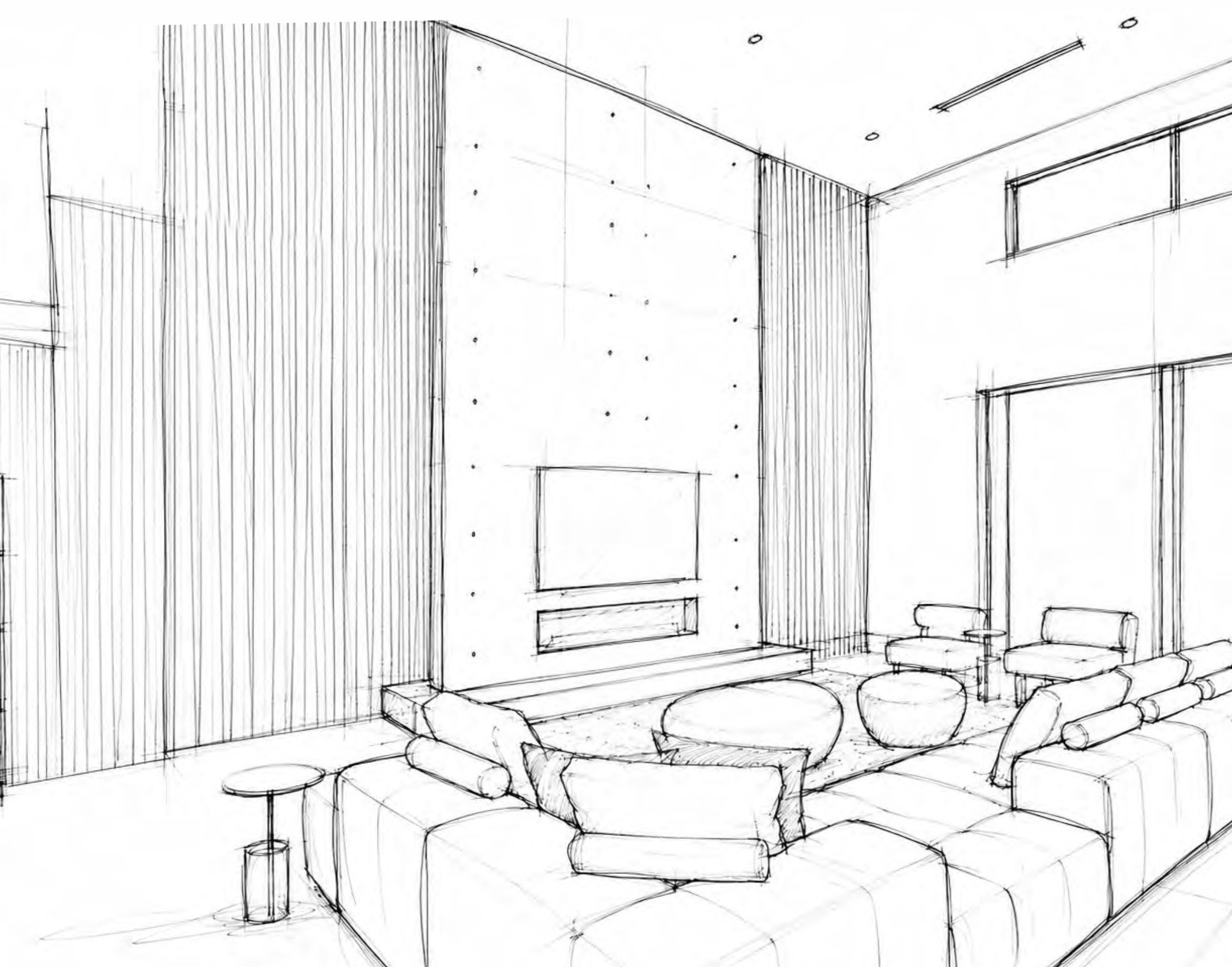 Boceto a lápiz dibujado a mano de la sala de Pinecrest VII