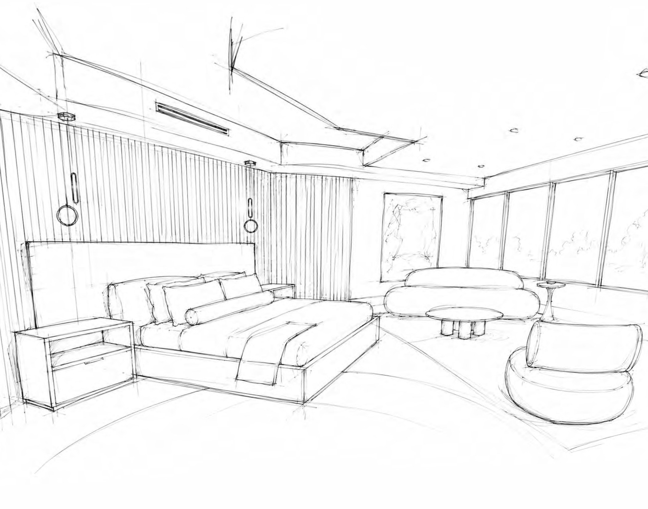 Boceto a lápiz dibujado a mano del dormitorio principal de Pinecrest VII